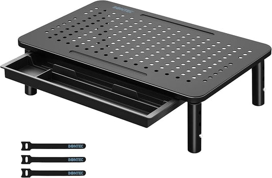 BONTEC 1 Pack Adjustable Monitor Stand Riser with Drawer, Ergonomic Mesh Platform Computer Monitor Stand for Desk, Ventilated Laptop and PC Stand with Cable Management, Supports up to 44lbs