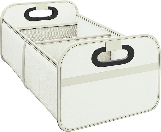 Car Trunk Organizer, Foldable Car Trunk Storage Box with 2 Compartments & Mesh Pocket, Large Capacity, Portable with Handle, Collapsible Backseat Storage Organizer for SUV Truck Sedan (White)