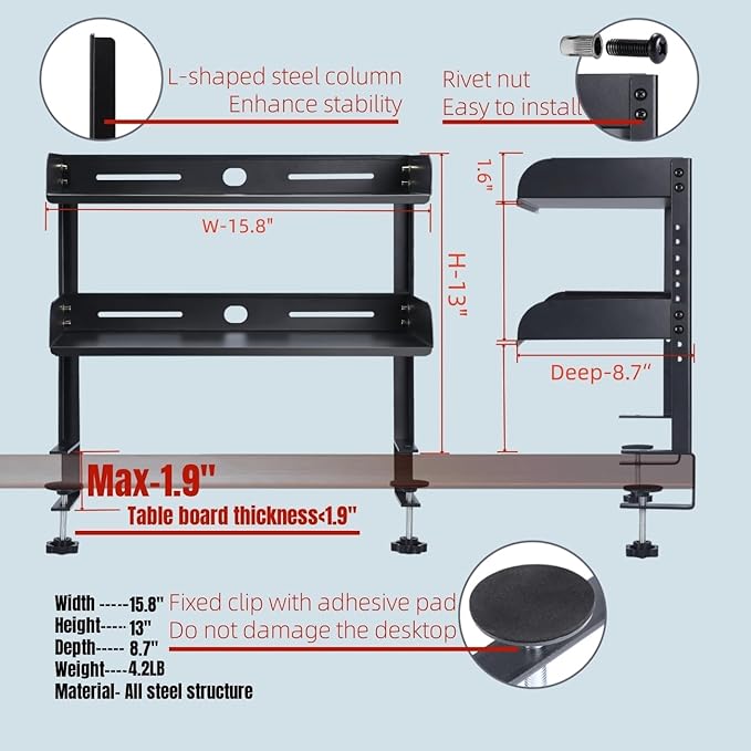 CanKing Clamp Desk Shelf 2 Layer Clip On or Under Table Organizer, Black, 16 inch