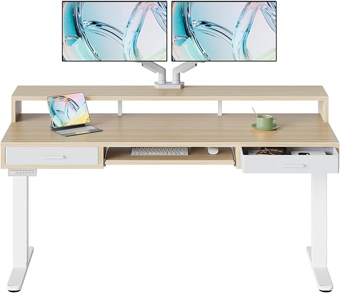 HUANUO 63″ x 26″ Electric Standing Desk with 2 Drawers &24.4″ Large Keyboard Tray, C-Clamp Mount Compatible, Adjustable Computer Desk for Office, Sit Stand Up Desk with 4 Height Presets, Light Walnut