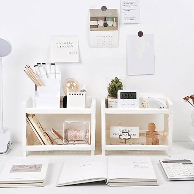 Pissente Desktop Storage Shelf, Plastic Double Layer Desktop Storage Rack Multifunctional Practical Desktop Organizer for Home Office Desk Living Room Bedroom Desk Storage, White