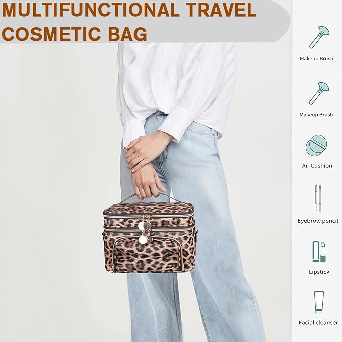 FITINI Double Layer Travel Makeup Bag,Women Cosmetic Organizer Case,Skin Care Essentials Toiletries Bags with Shoulder Strap Waterproof Brush Storage with Removable Dividers,Extra Large Brown Leopard