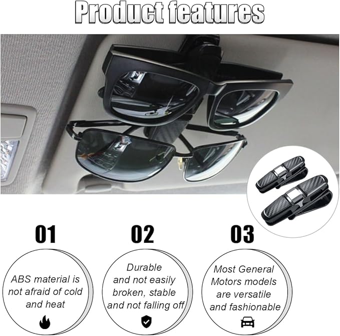 2PCS Glasses Holders for Car Sun Visor, Glasses Clip Organizer, Sunglasses Eyeglasses Mount with Ticket Card, Car Sun Visor Double-Ends Clip, 180 Degree Rotational Car Glasses Holder
