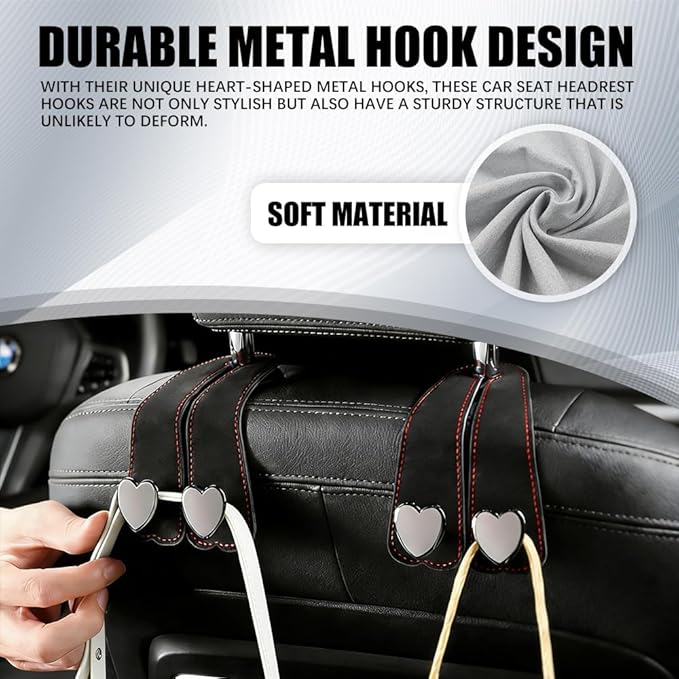 2PCS Car Seat Hooks, Car Back Seat Headrest Hooks, Suede Heart-Shaped Double Hooks Headrest Organizer, Auto Accessories Heavy-Duty Multi-Functional Back Seat Phone Holder for Most Vehicles