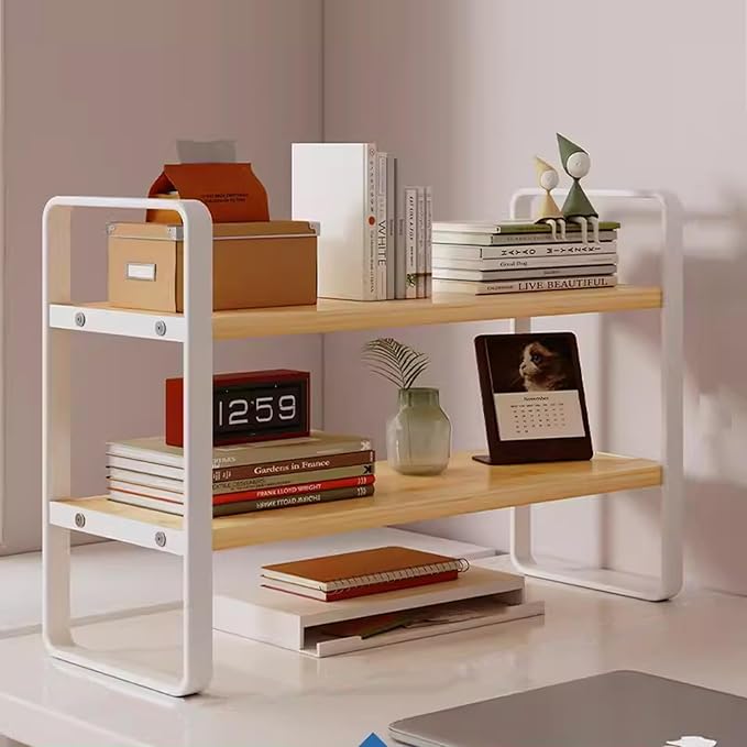 2 Tier Desktop Bookshelf, Office Desk Shelf Organizer, Metal Frame Wood Board Rack, Countertop Bookshelf for Office Supplies Display Rack, for Dorm, Home, School, Office(Yellow,50cm/19.7")
