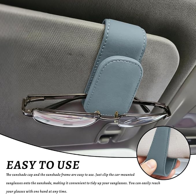 Sunglass Holder for Car, Car Sunglass Holder, Magnetic Leather Sunglasses Holder and Ticket Card Clip, Auto Multi-Functional Sun Visor Eyeglass Holders for SUV Pickup Truck (Light Grey)