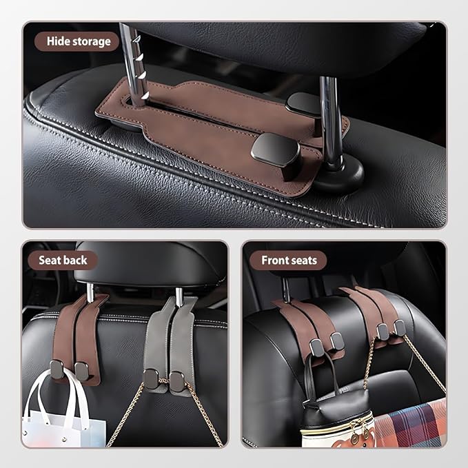2026 New Car Seat Headrest Hooks for Purses and Bags - Support Car Headrest Hooks for Purses and Bags Coat, Leather Car Bag Purse Holder with Double Hooks (Brown-2PC)