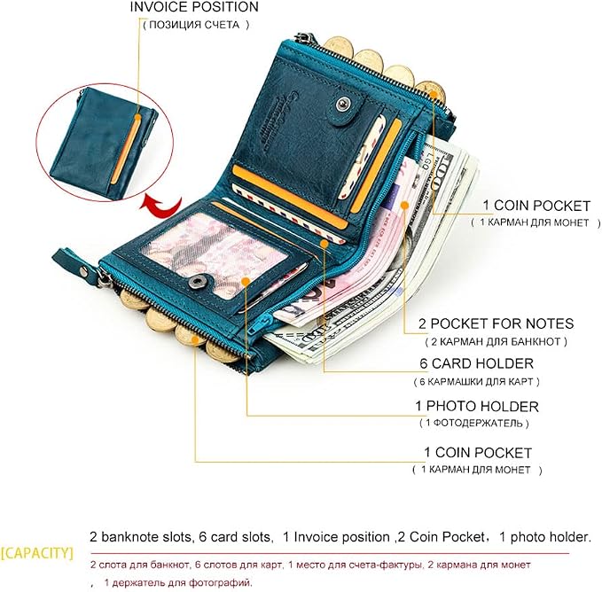 CONTACTS Womens Bifold Wallet Leather Small Zipper Coin Purse for Women Fashion Card Holder with ID Window (Peacock Blue)