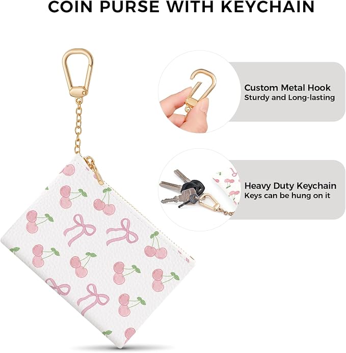 Coquette Bow Keychain Cute Coin Purse for Women, Small PU Leather Change Pouch, Zipper Little Tiny Travel Wallet for Girls, Kawaii Zip Pocket Coin Holder with Key Ring