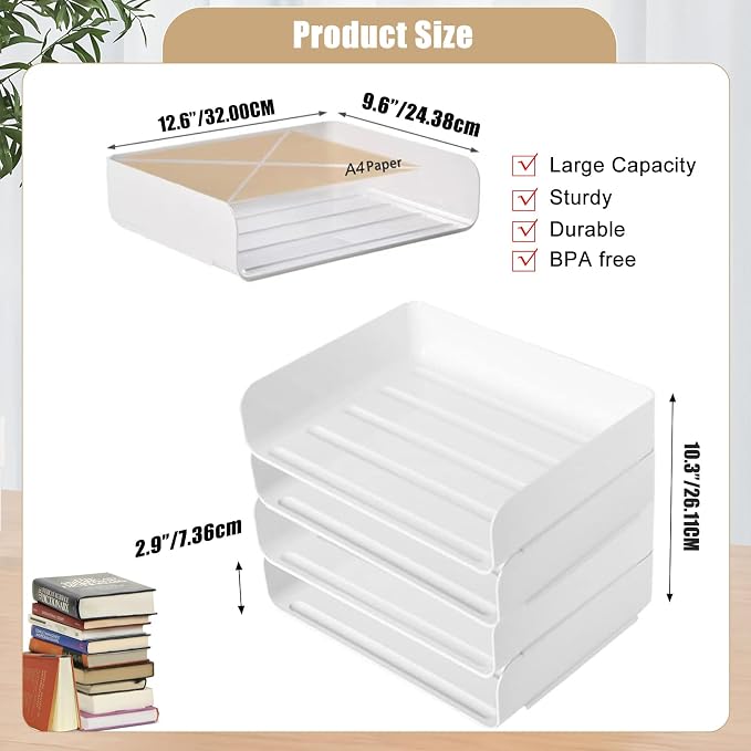 4 Tier Desk Organizer, Stackable Paper Tray Organizer for Document, Letter, A4 File Paper, Desk Accessories, Notes, Pens (White, 4 Pack)