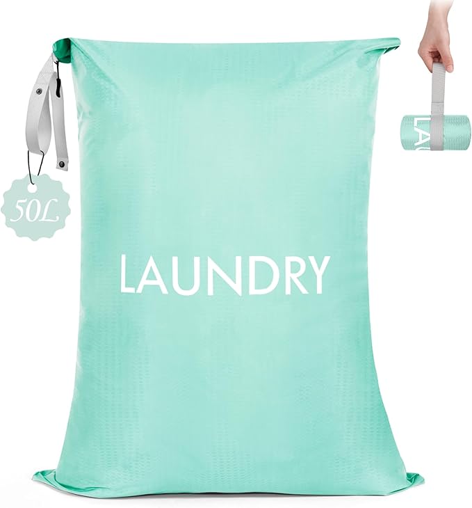 MissBoy 50L Travel Laundry Bag with Zipper, Heavy Duty & Odor-Proof Washable Nylon Sack for Dirty Clothes, Space-Saving Luggage Organizer & Dorm Room Essential for College Girls, Blue