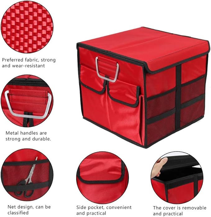 Car Trunk Organizer Collapsible Portable Multi Compartments Organizer with Non Slip Straps for SUV Truck Auto Vehicle Car Auto Minivan (Small covered, Red)