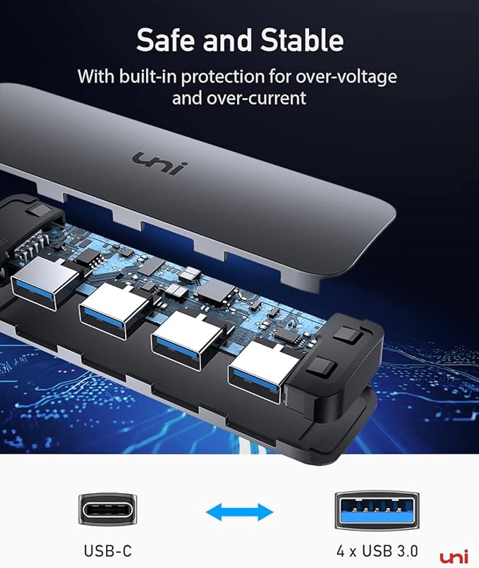 uni USB C to USB Hub 4 Ports 2ft, Sturdy Braided USB Type C to USB Adapter with 4 USB 3.0 Ports, Thunderbolt 3 to Multiport USB 3.0 Hub Adapter for MacBook Pro/Air 2020/2019, iPad Pro