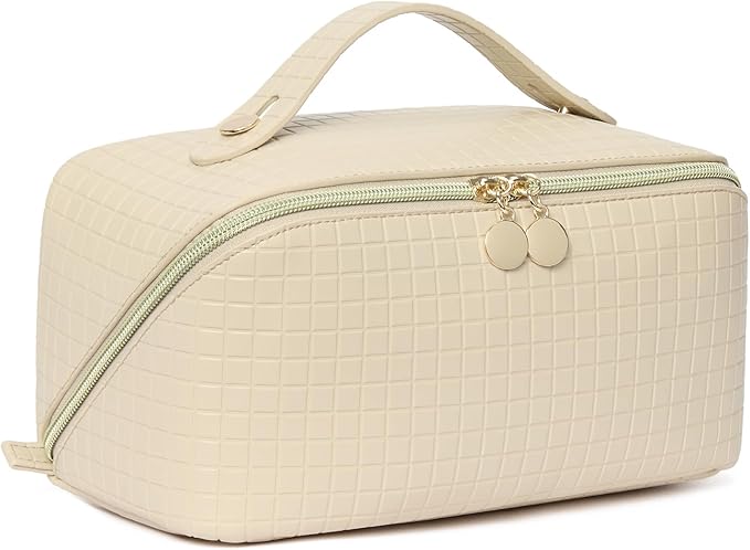 Telena Leather Make Up Bag Portable Travel Makeup Bag Waterproof Cosmetic Bags for Women Large Capacity With Handle and Divider Open Lay Flat