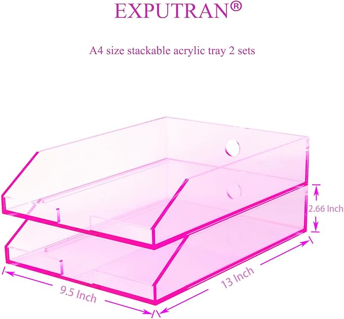 (2pcs Pack) Stackable Pink Acrylic Paper Trays, Desk File Organizer, A4 Paper Holder, Letter Tray