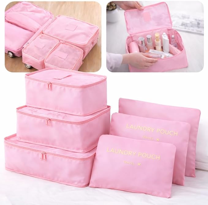 6 Set Travel Packing Cubes for Luggage – Laundry Pouch Organizer Bags, Lightweight Storage Pouches for Clothes, Shoes, and Toiletries (pink)