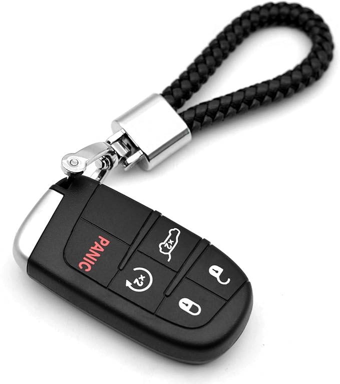 FEYOUN Universal Black Leather Car Fob Keychain Metal Keyring Woven Strap Braided Rope Key Chain for Men and Women - Silver Color, with 360 Degree Rotatable D-ring and Screwdriver