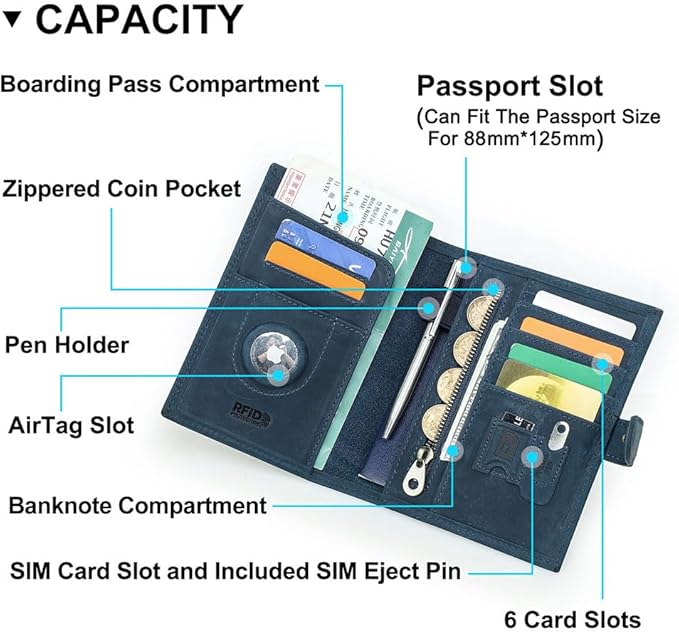 CONTACTS Full Grain Leather Passport Holder Compatible with Airtag RFID Blocking Passport Wallet Travel Slim Passport Cover with SIM Card Removal Tool (Bagde, Blue)