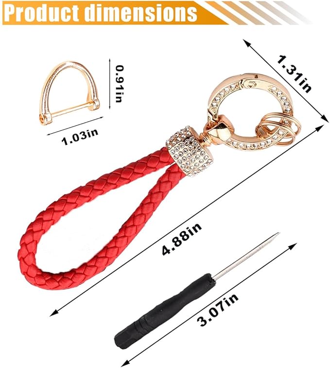 Leather Car Keychain with Bling Rhinestones, Snap Swivel Key Ring, Key Tag Car Key Fob Holder, Key Organizer for Men Women, Anti-Lost D-Ring (Red)