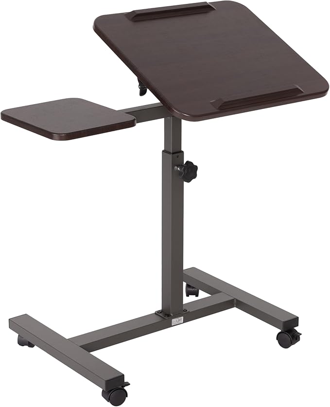 Seville Classics Airlift Height Adjustable Mobile Rolling Laptop Cart Computer Workstation Desk, Table for Home, Office, Classroom, Hospital, w/Wheels, Walnut, Tilt w/Side Table (28") (New Model)