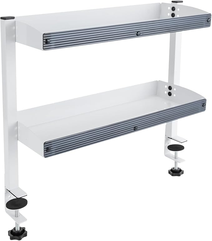 16 inch Clamp on Desk Shelf, Desk Extender Side Table, 2 Tier Shelving Unit Above or Under Desktop, Clamp On Desk Organizer Shelving Unit for Home Office