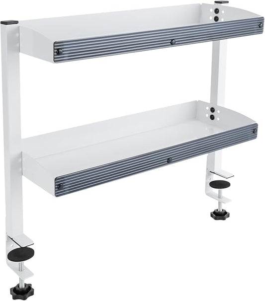 16 inch Clamp on Desk Shelf, Desk Extender Side Table, 2 Tier Shelving Unit Above or Under Desktop, Clamp On Desk Organizer Shelving Unit for Home Office