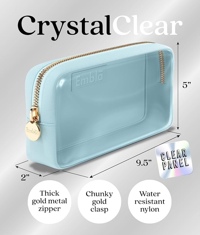 Embla Medium Clear Makeup Bag Travel for Toiletries Cute Make Up Nylon Organizer Pouches Quart Size Cosmetic Bags for Women Girls Zipper Toiletry Skincare Pouch Organizer for Purse Blue