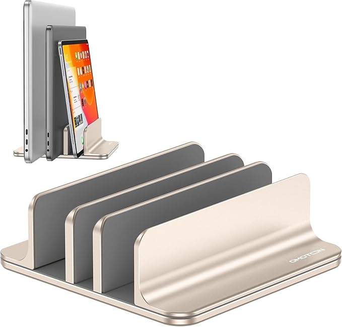 OMOTON Vertical Laptop Stand [Updated 3-Slots Version], Desktop Aluminum Mac Book Stand with Adjustable Dock Size, Fits All Mac Book, Chrome Book and Gaming Laptops (Up to 17.3 inch), Starlight