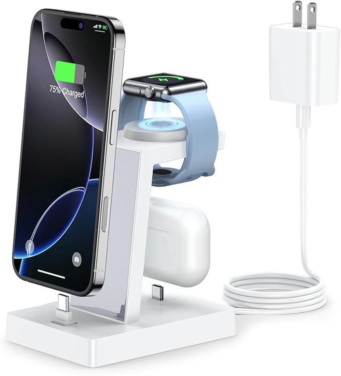30W Fast Charging Station for Apple Devices - ADADPU 3 in 1 USB C Charger Stand for iPhone 17 16 15 Pro Max Plus & AirPods 4,Wireless Charger Dock Compatible with Apple Watch Ultra/10/9/8/7/6/5/4/3/SE