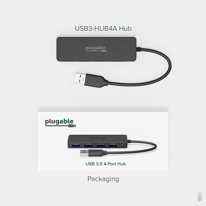 Plugable 4 Port USB Hub 3.0, USB Splitter for Laptop, Compatible with Windows, Surface Pro, PC, Chromebook, Linux, Android, Charging Not Supported