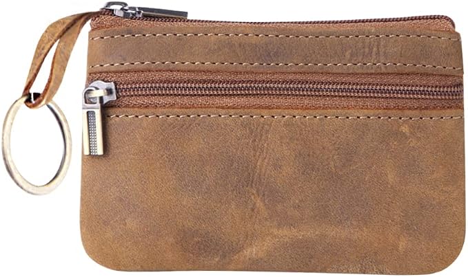 Genuine Leather Coin Purse, Small Coin Pouch for Men Women, Cash Change Wallet Key Holder Money Pouch with Key Ring, Zipper Storage Bag Coin Organizer