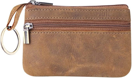 Genuine Leather Coin Purse, Small Coin Pouch for Men Women, Cash Change Wallet Key Holder Money Pouch with Key Ring, Zipper Storage Bag Coin Organizer