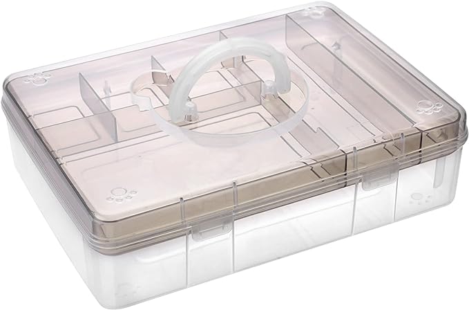 BTSKY 2-Tier Cute Bear Storage Box with Removable Divided Tray Portable Clear Plastic Art Craft Supply Organizer Stackable Home Office Supplies Storage Container for Pens Notes A4 papers etc (Coffee)