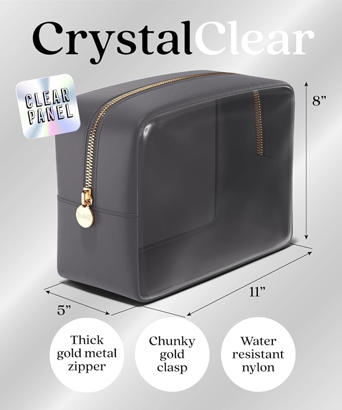Embla Clear Large Makeup Bag Cute Big Make Up Nylon Pouches Travel Bathroom Bags for Toiletries XL Cosmetic Pouch for Women Girls Extra Large Zipper Toiletry Skincare Organizer Grey