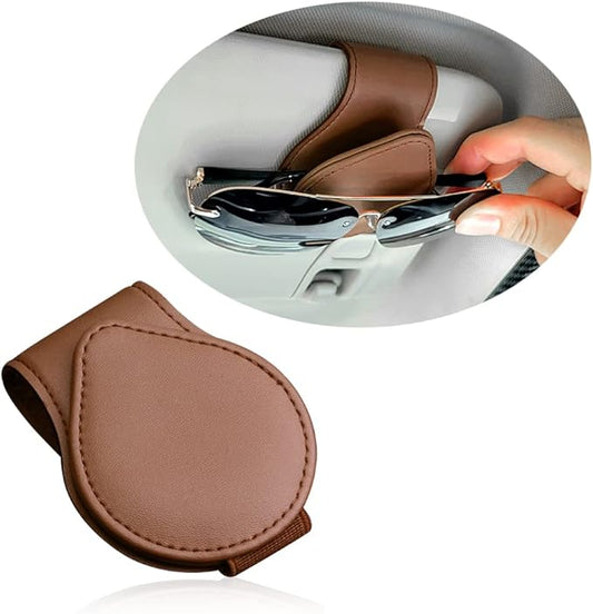 OFBAND Magnetic Sunglass Holder for Visor, PU Leather Car Organizer - Universal Accessory (Brown)