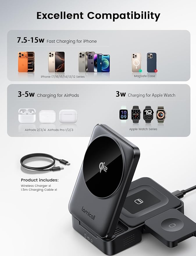 Lamicall Qi2 Certified Foldable 3 in 1 Wireless Charging Station - [15W Fast Charge & Upgraded Cooling] Compact Travel Magnetic Charger Stand for iPhone 17e 17 16 15 14 13, AirPods Pro, Apple Watch