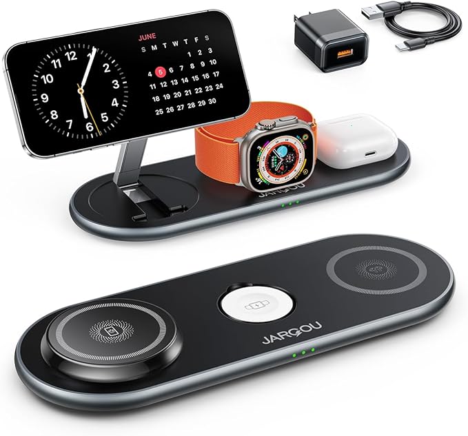 JARGOU Foldable 3 in 1 Wireless Charging Station for Apple with Magsafe Charger Stand, Fast Magnetic Wireless Charger for iPhone 17 Air 16 15 14 13 12, for iWatch, for AirPods (Light Black)