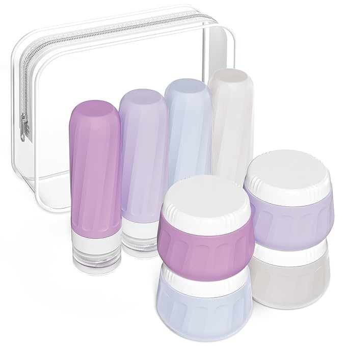 Mrsdry Travel Size Toiletries 8 Pack, TSA Approved 3oz Silicone Squeeze Bottles & Cream Jars with Clear Travel Bag