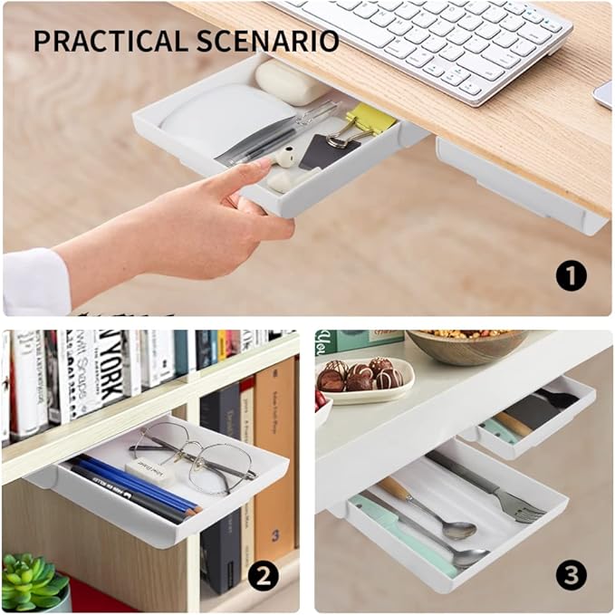 YOOUSOO 2 Pack Adhesive Under Desk Drawer, Attachable Under Desk Drawer Slide Out, Hidden Storage for Table, Desktop Storage Organizer for Pencil Pen Stationery Office Organization