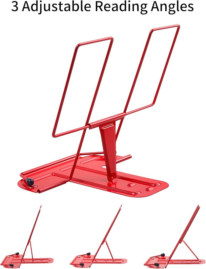 MSDADA Metal Book Stand for Desk, Adjustable Reading Rest Book Holder, Portable Cookbook Documents Holder, Sturdy Typing Stand for Recipes Textbooks Tablet Music Books with Page Clips (Red)