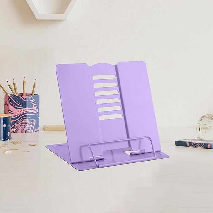 MSDADA Small Desk Book Stand Metal Reading Rest Book Holder Adjustable Cookbook Documents Holder Portable Sturdy Bookstands for Recipes Textbooks Tablet Music Books(Purple