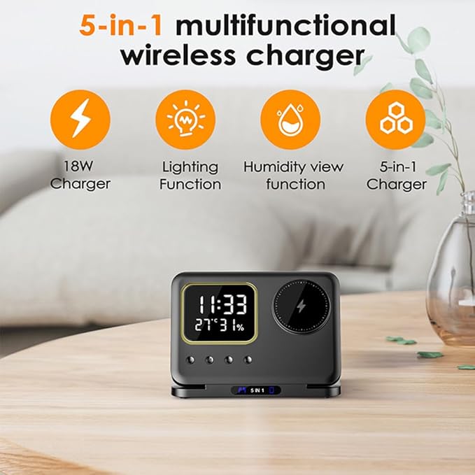 IHAO 5in1 Multi Functional Wireless Charging Station Digital Clock 15W Fast Charging Temperature Display Wireless Charger for All Qi Phone and TWS Headphone Compliant with Apple Watch-DH15 White