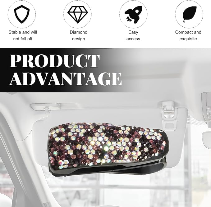 Wevdn 2 PCS Car Sun Visor Glasses Holder, Fashion Bling Car Eyeglasses Sunglasses Hanger for Women Girls, Glasses Holder Clip Hanger Mount with Ticket Card Clip, Car Accessories (Purple Colorful)