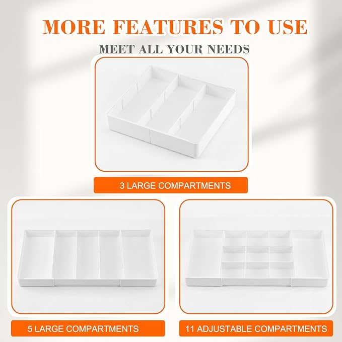 Briwooody 1 Pcs Large Expandable Acrylic Drawer Organizers, Grid Adjustable Drawer, Dividers Organizer for Desk, Makeup, Jewelry, Office, Kitchen Supplies (White,11 Compartments)