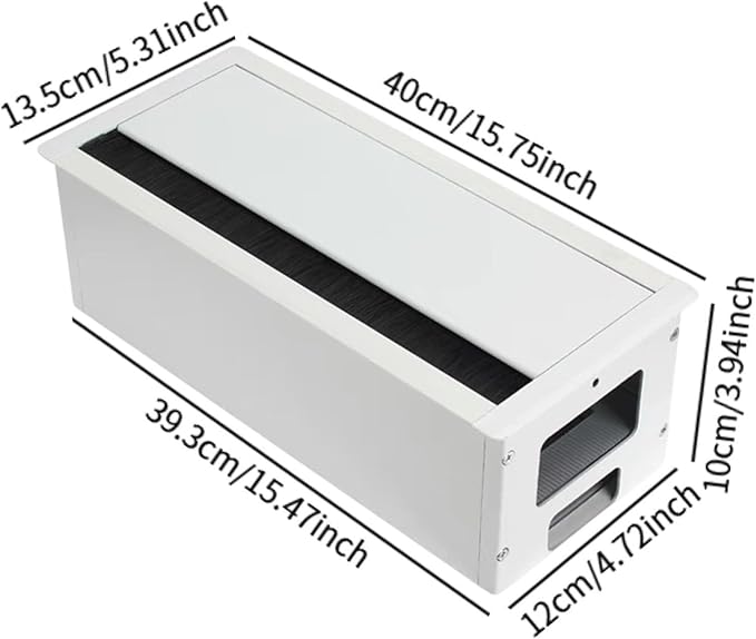 Desk Threading Box Aluminum Alloy Rectangular Wire Organizer with Cable Hole Cover Cord Grommet Storage Box Space Saving Cushioning Structure, White