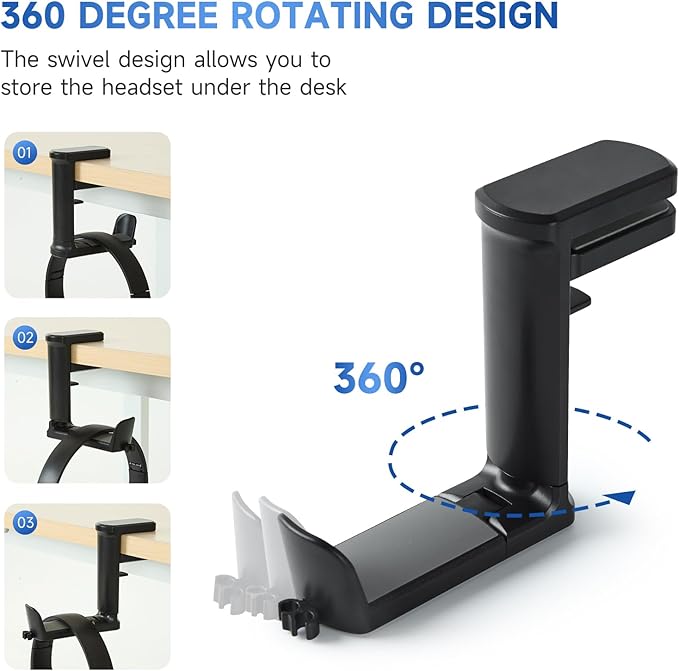 PC Gaming Headset Holder, Upgraded Headphone Stand for Desk,Adjustable Clamp-on Under Desk Hanger, Rotating Headphone Stand & Cable Clip Organizer (Black)