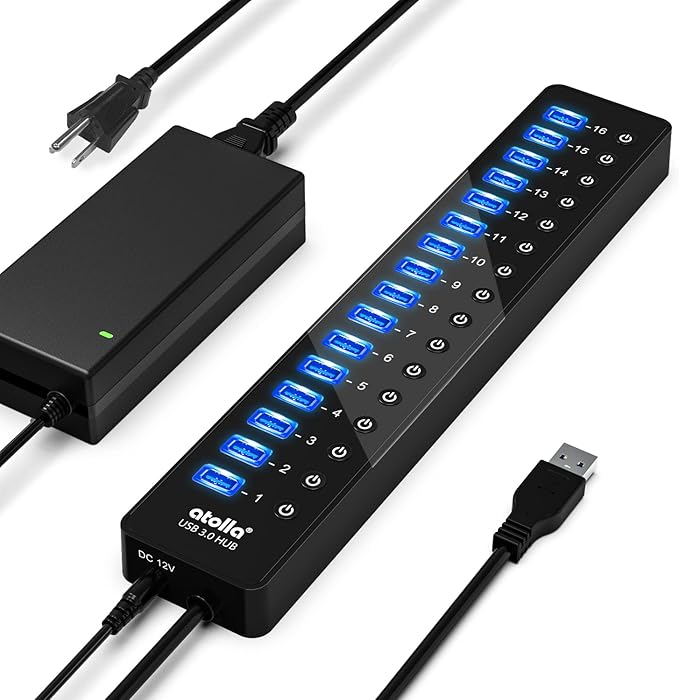 Power USB Hub 3.0, atolla 16 Port USB Splitter with 12V/6A Power Adapter and Individual Switches, High-Speed Data Transfer for Laptop, PC, Mac, and More Devices