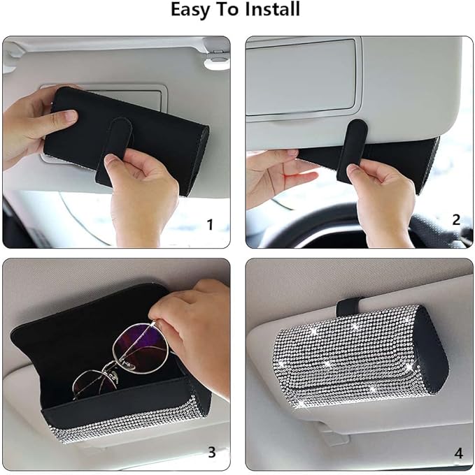 Riloer Glasses Holder for Car Sun Visor, Universal Full Rhinestone Sunglasses Clip Storage Case, Front Sun Visor Mount Organizer Case for Glassess, Bling Red