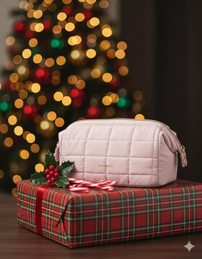 BAGSMART Makeup Bag Travel Toiletry Bag, Puffy Padded Make Up Bags for Women Makeup Organizer Case, Wide-open Pouch Purse Travel Essentials Toiletries Accessories Brushes, Pink