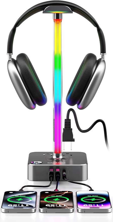 cozoo Gifts for Gamer Men All-in-One RGB Headset Stand & Charging Station | 3 USB Ports, 2 Outlets, Metal Space Gray | Gaming Equipment, Game Room Setup, Christmas Gifts for Him,Teen Boys,Tech Lovers